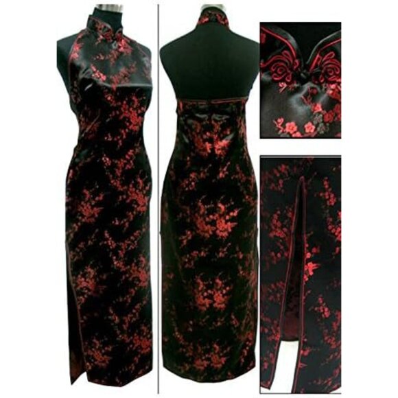 Women's Satin Chinese Dress Halter Backless Floral Long Prom Party Gown - Picture 2 of 4